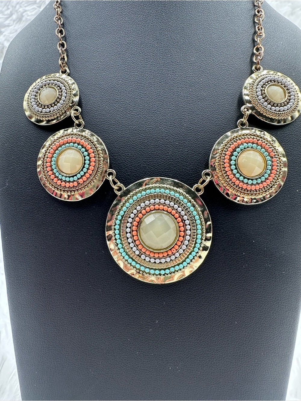 Turquoise Coral & Gold Tone Gold-Tone Beaded Medallion Circle Statement Necklace
